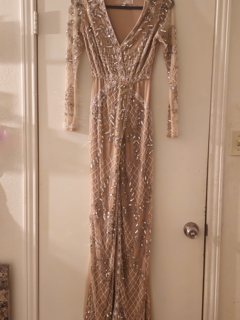 PrettyLittleThing Nude Beaded Long Sleeve V-Neck Evening Gown